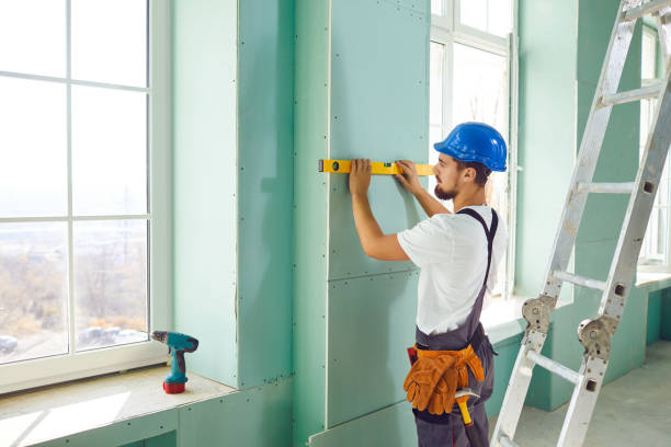 istock A builder standing on a ladder installs drywall at a construction site 1204179445