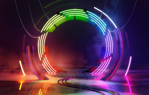 Futuristc multicoloured neon loop lights, empty stage background concept. 3D illustration.