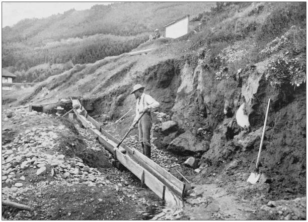 Antique photograph of the British Empire: Gold washing, Yale, British Columbia Antique photograph of the British Empire: Gold washing, Yale, British Columbia panning for gold photos stock illustrations