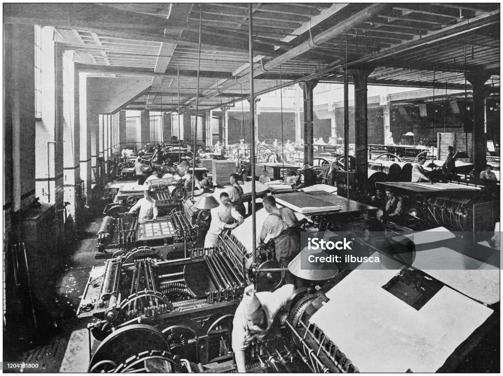 Antique photograph of the British Empire: Printing in the central hall of "La Belle Sauvage" Printing Press stock illustration