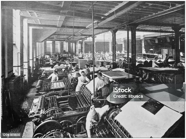 Antique Photograph Of The British Empire Printing In The Central Hall Of La Belle Sauvage Stock Illustration - Download Image Now