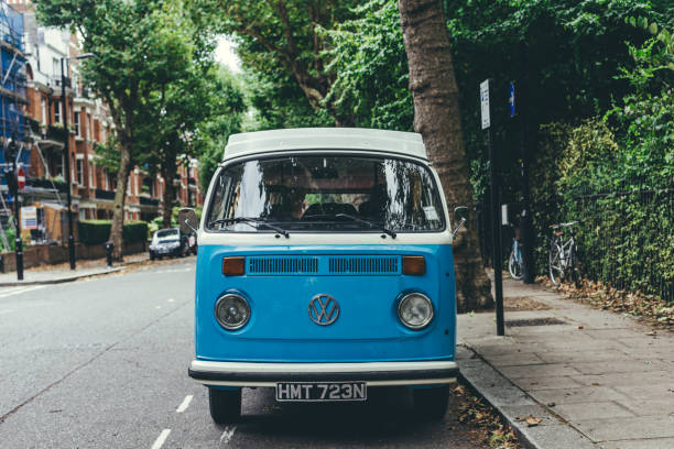London/UK-30/07/18: Sky blue Volkswagen Type 2, known officially as the Transporter. Because of its popularity during the counterculture movement, \