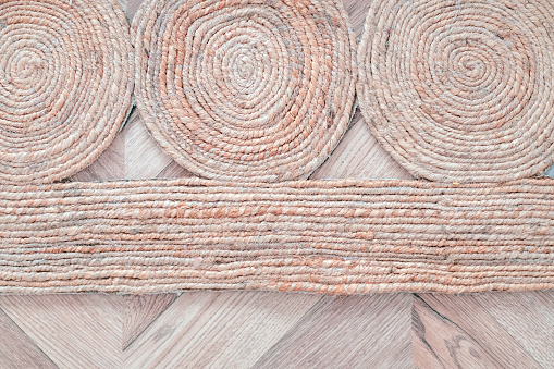 Jute braided home spiral rug background texture pattern top view