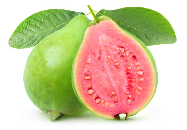 istock Isolated green cut guava on a branch 1204181960