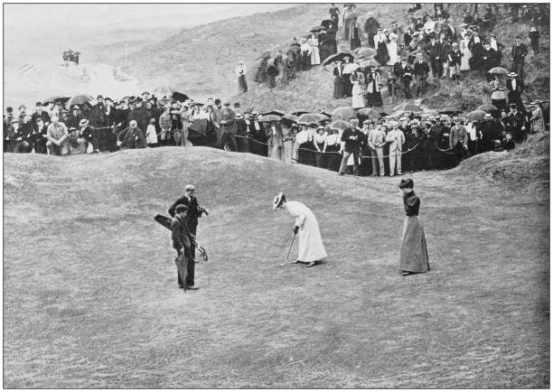 Antique photograph of the British Empire: Women playing golf Antique photograph of the British Empire: Women playing golf golf photos stock illustrations