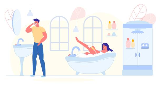 stockillustraties, clipart, cartoons en iconen met happy family morning routine loving couple hygiene - tandenpoetsen vrouw
