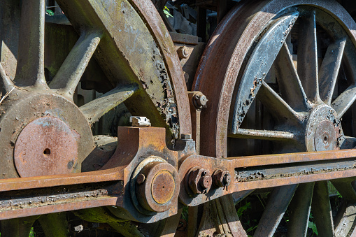 Detailed closeup of the drive wheels with pull bars from an old steam locomotive in Sweden