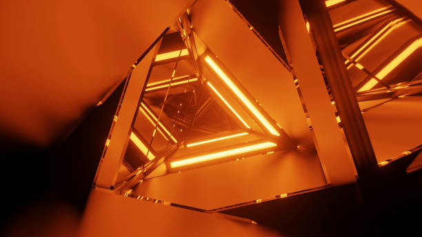 istock abstract 3d illustration background with abstract rotating metal triangle design with glowing lights 1204185506