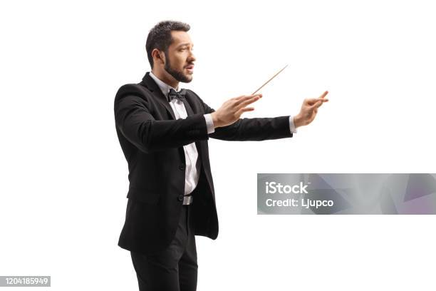 Male Conductor In A Suit Conducting With A Baton And Gesturing With Hand Stock Photo - Download Image Now