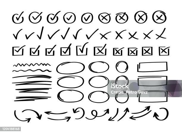Супер Набор Ручной Нарисованный Чек Знак С Различными Стрелками Круга И Подчеркивает Doodle V Контрольный Список Отмечает Набор Значков Иллю — стоковая векторная графика и другие изображения на тему Круг