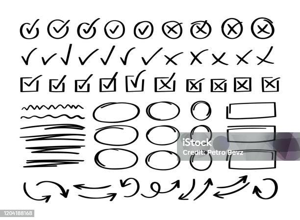 Super Set Hand Drawn Check Mark With Different Circle Arrows And Underlines Doodle V Checklist Marks Icon Set Vector Illustration Stock Illustration - Download Image Now