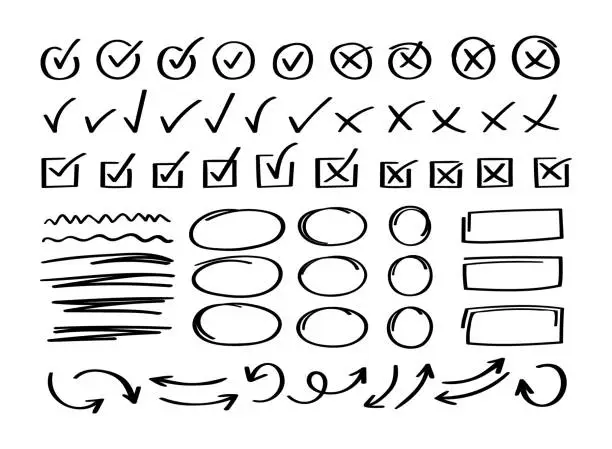 Vector illustration of Super set hand drawn check mark with different circle arrows and underlines. Doodle v checklist marks icon set. Vector illustration