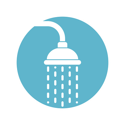 Shower head icon with trickles water. Douche sign in the circle isolated on white background. Shower or bathroom symbol. Vector illustration