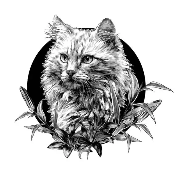 Vector illustration of red cat muzzle round composition decorated with Lily flowers