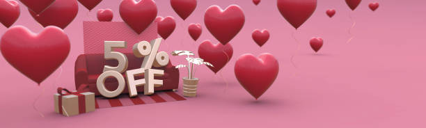 istock 5 Five percent off - Valentines Day Sale horizontal 3D-banner with copy space. 1204189518