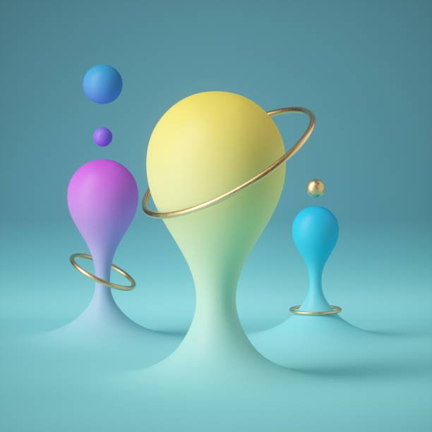 istock 3d render, abstract pastel blue background, minimal concept, clean style. Colorful pink yellow paint drops, golden rings, balls, balloons, bubbles. Funny anti gravity concept 1204189553