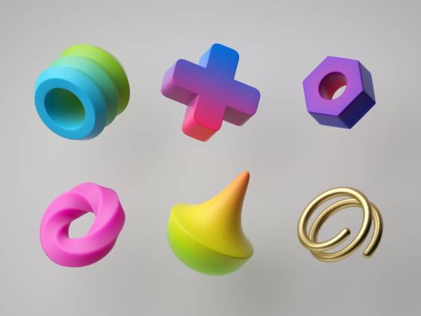 istock 3d render, abstract colorful geometric shapes isolated on white background. Minimal modern concept, assorted design elements collection, puzzle game set, vibrant neon gradient toys, postmodern style 1204189572