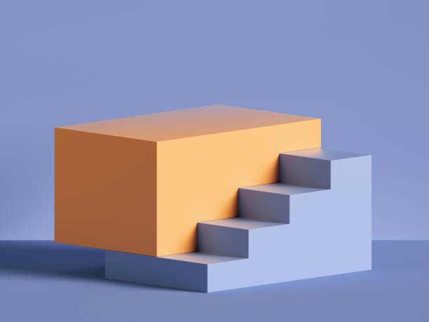 istock 3d render, abstract minimal background. Yellow steps, stairs isolated on violet. Blank pedestal, empty podium. Shop product display, showcase. Architectural element, primitive shape. 1204189900