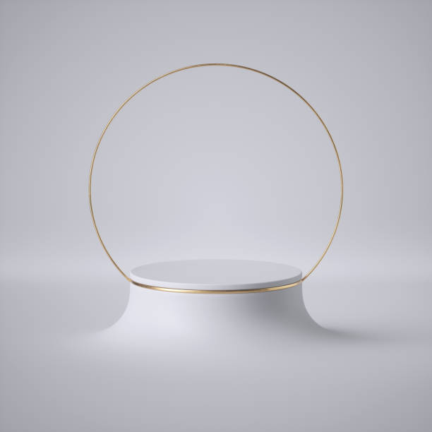 istock 3d render, abstract white background, modern minimal concept, clean style. Empty cylinder podium, vacant pedestal, round frame, showcase stand, product display, futuristic expo platform. Blank mockup 1204190017