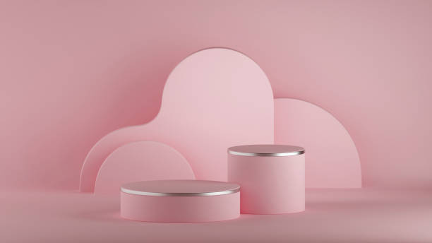 istock 3d render, abstract minimal pink background, empty room. Cylinder podium, vacant pedestal, round stage, showcase stand, blank product display platform. Copy space. Premium design, horizontal poster 1204190145