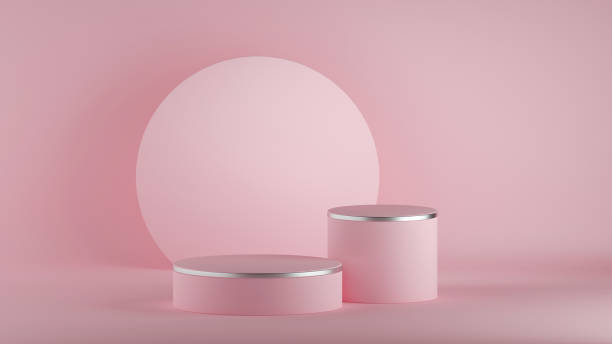 istock 3d render, abstract pink minimal background, clean style. Empty cylinder podium, vacant pedestal, round stage, showcase stand, product display, blank board, expo platform. Copy space. Premium design 1204190180