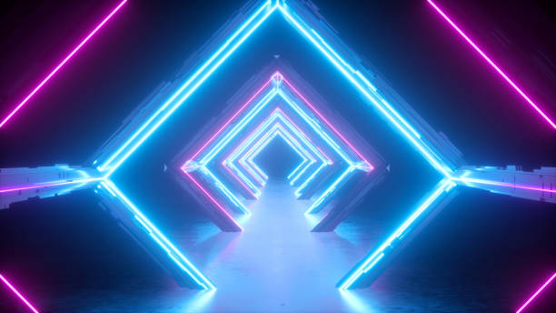 istock 3d abstract neon background, inside the long tunnel, square shapes, road under the rhombus arch, pink blue glowing lines, futuristic gates construction, reflection 1204190876