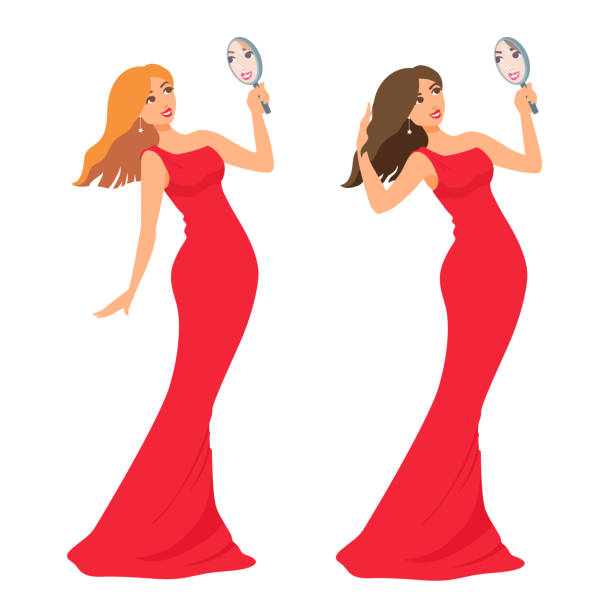 Beautiful blonde, brunette women standing in a long red dress, holding a hand mirror, looking at the reflection. Vector cartoon illustration. blond hair illustrations stock illustrations