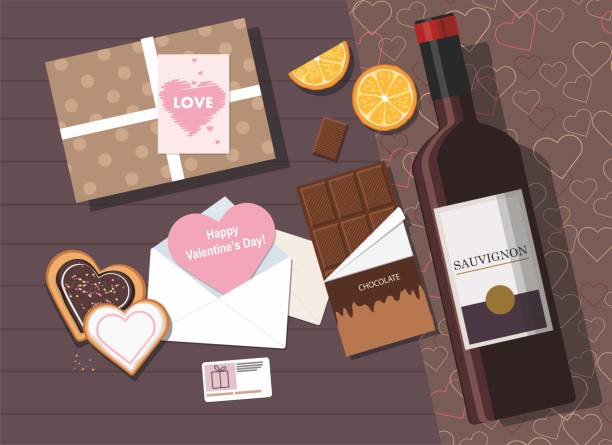 Valentine's day composition. Valentine card, cookies, chocolate, gift box and wine. Valentine's day composition. Valentine card, cookies, gift box and wine. Top view. homemade gift boxes stock illustrations