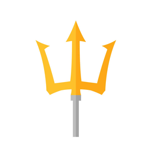 Golden trident in flat style. Neptune or Poseidon weapon trident icon isolated on white background. Golden trident in flat style. Neptune or Poseidon weapon trident icon isolated on white background. Vector stock cartoon of the devils pitch fork stock illustrations