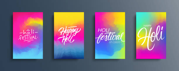 Happy Holi celebrate cards set. Abstract color gradient pattern backgrounds with hand lettering holiday greetings. Indian spring festival of colors collection. Happy Holi celebrate cards set. Abstract color gradient pattern backgrounds with hand lettering holiday greetings. Indian spring festival of colors collection. Vector illustration. holi stock illustrations