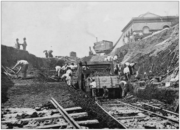 Antique photograph of the British Empire: English navvy at work Antique photograph of the British Empire: English navvy at work old building stock illustrations