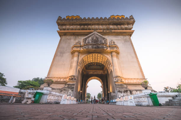 Vientiane, Laos - April  27 2019 ; In center Vientiane, the Patuxai is a monument in memory of the Laos soldiers who had died in wars. The monument is a mix of Lao and French architecture (Arc de Triomphe