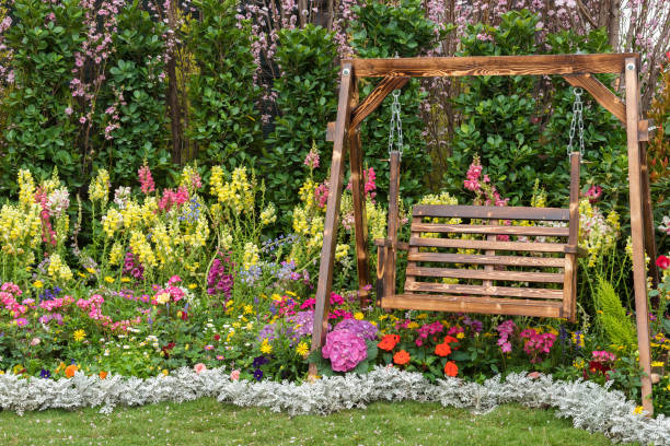 istock seat in flower garden 1204196436
