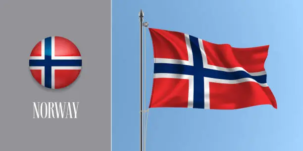 Vector illustration of Norway waving flag on flagpole and round icon vector illustration