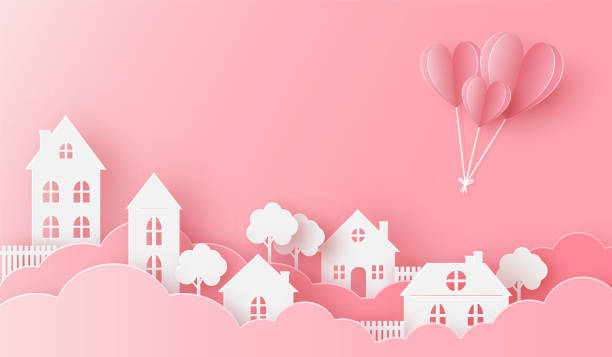 Views of the house in love with heart balloon flying on the pink sky Views of the house in love with heart balloon flying on the pink sky. illustration of love and Valentine day, paper art, digital craft style, vector illustration. papercutting stock illustrations