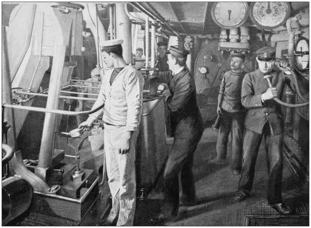 istock Antique photograph of the British Empire: Royal navy ship engine room 1204213059