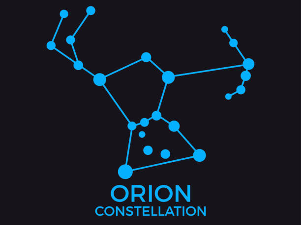 Orion constellation. Stars in the night sky. Cluster of stars and galaxies. Constellation of blue on a black background. Vector illustration Orion constellation. Stars in the night sky. Cluster of stars and galaxies. Constellation of blue on a black background. Vector illustration orion mythology stock illustrations