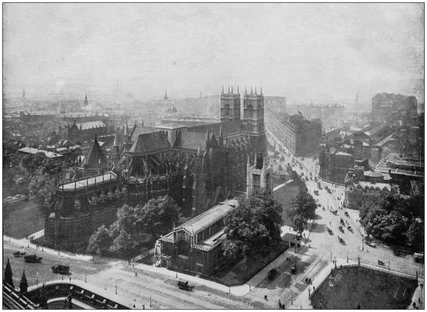 antikes foto des britischen empires: westminster abbey von oben am uhrenturm - london england fotos stock-grafiken, -clipart, -cartoons und -symbole