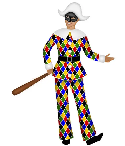 Vector illustration of Italian traditional mask of Arlecchino. Harlequin colorful Carnival costume