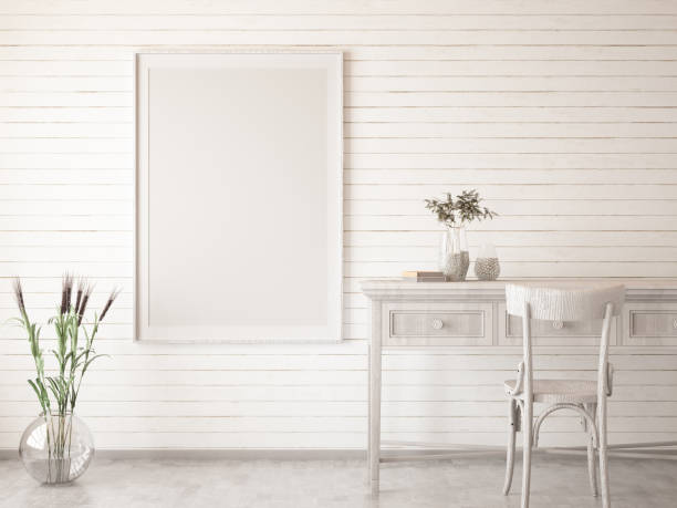 istock Minimalistic White Home interior with Poster Mock up Wooden Photo Frame 1204222083