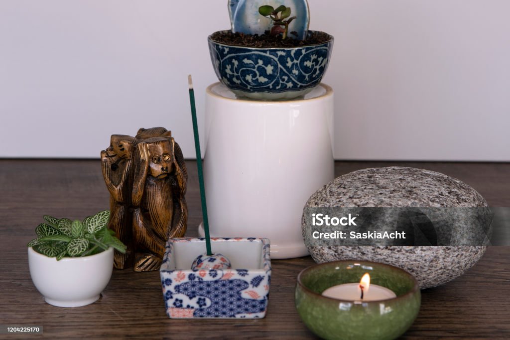 Mini Altar At Home Spiritual Decor Arrangement With Burning Candle Incense  Sticks Stone And Fresh Plants Meditation Rituals Concept Small Zen Japanese  Style Home Decoration Stock Photo - Download Image Now - iStock