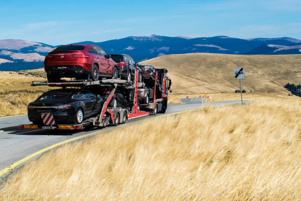Hauling cars. A trailer transporting Mercedes and Tesla electric cars. Hauling cars. A trailer transporting Mercedes and Tesla electric cars. Mercedes-Benz/ Junge Sterne.  A beautiful road through the mountains. Romania, October, 13, 2019 transporter stock pictures, royalty-free photos & images