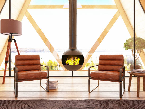 istock Wooden Attic Interior with Two Armchairs and Fireplace 1204226333
