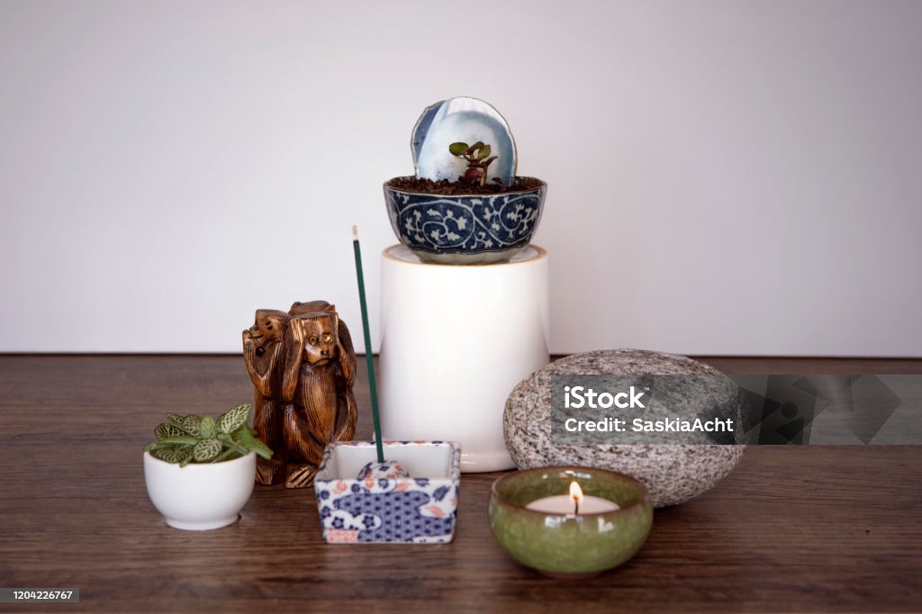 Home Altar Spiritual Decor Arrangement With Burning Candle Incense Sticks  Stone And Fresh Plants Spirituality At Home Concept Mini Zen Japanese Style  Home Decoration Stock Photo - Download Image Now - iStock