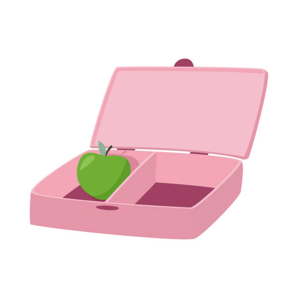 illustrations, cliparts, dessins animés et icônes de boîte à lunch rose avec la pomme à l'intérieur. concept zéro déchet. - lunch box lunch red apple