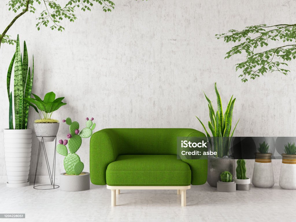 Armchair with Green Plants Flowers and Cactuses Armchair with Green Plants Flowers and Cactuses. 3d Render Green Color Stock Photo