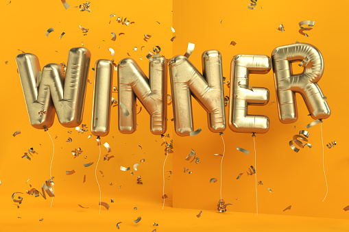 Winner Balloon Sign with Confetti. 3d Render