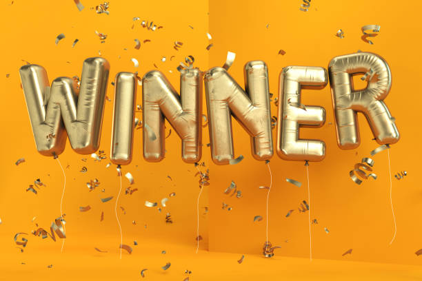 Winner Balloon Sign with Confetti Winner Balloon Sign with Confetti. 3d Render winning stock pictures, royalty-free photos & images