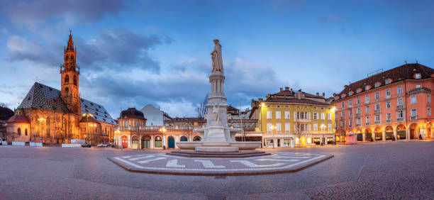 Bolzano, Italy. Cityscape image of historical city of Bolzano, Trentino, Italy during twilight blue hour. alto adige italy stock pictures, royalty-free photos & images