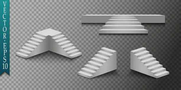 Vector illustration of White stairs, 3d staircases. Set, Isolated on transparent background. EPS10 Vtctor